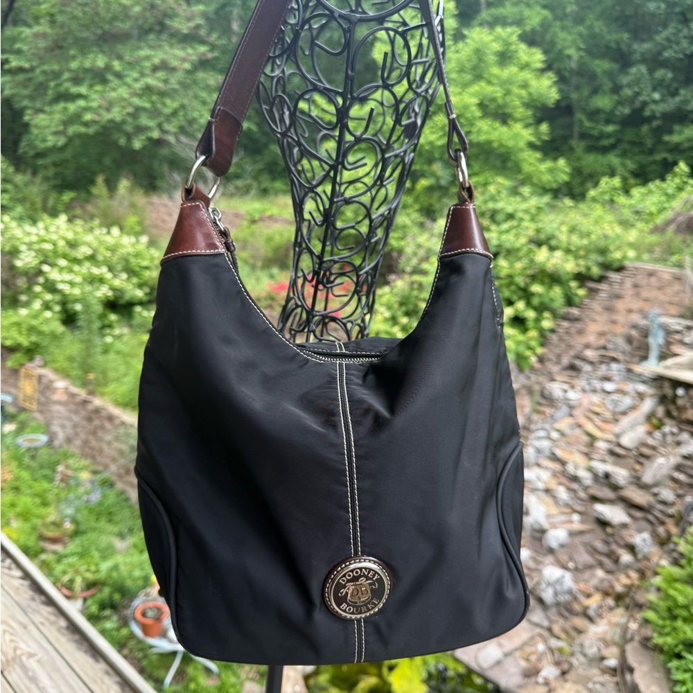 Dooney & Bourke Black Nylon Hobo Shoulder Bag with Leather Trim